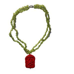 Green Pridote Necklace WIth Dark Red Cinnabar Dragon Pendant